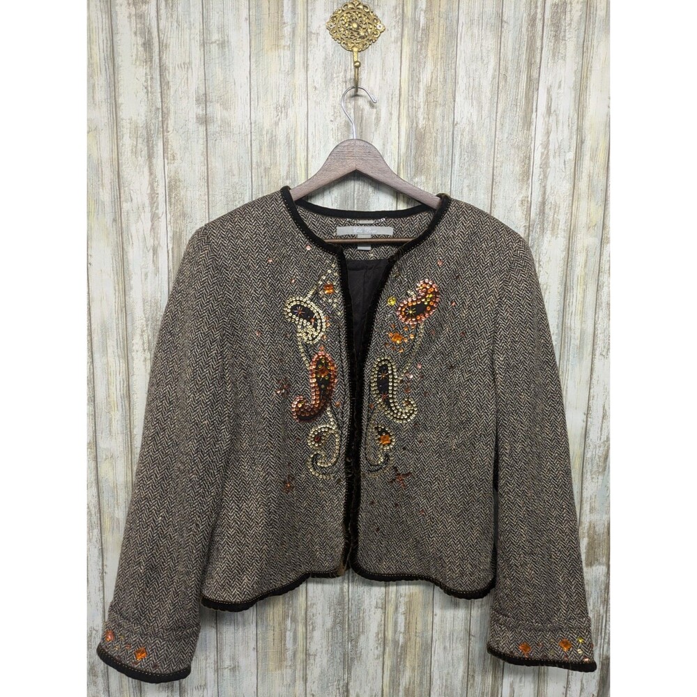Ella Rose Women's Wool Blend Blazer Tweed Embellished Beaded Velvet Trim Size 12